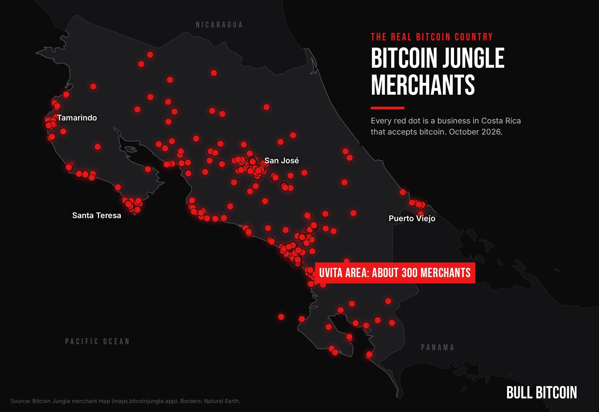 Dark map of Costa Rica covered in red dots, one per Bitcoin Jungle merchant, densest around Uvita and San José