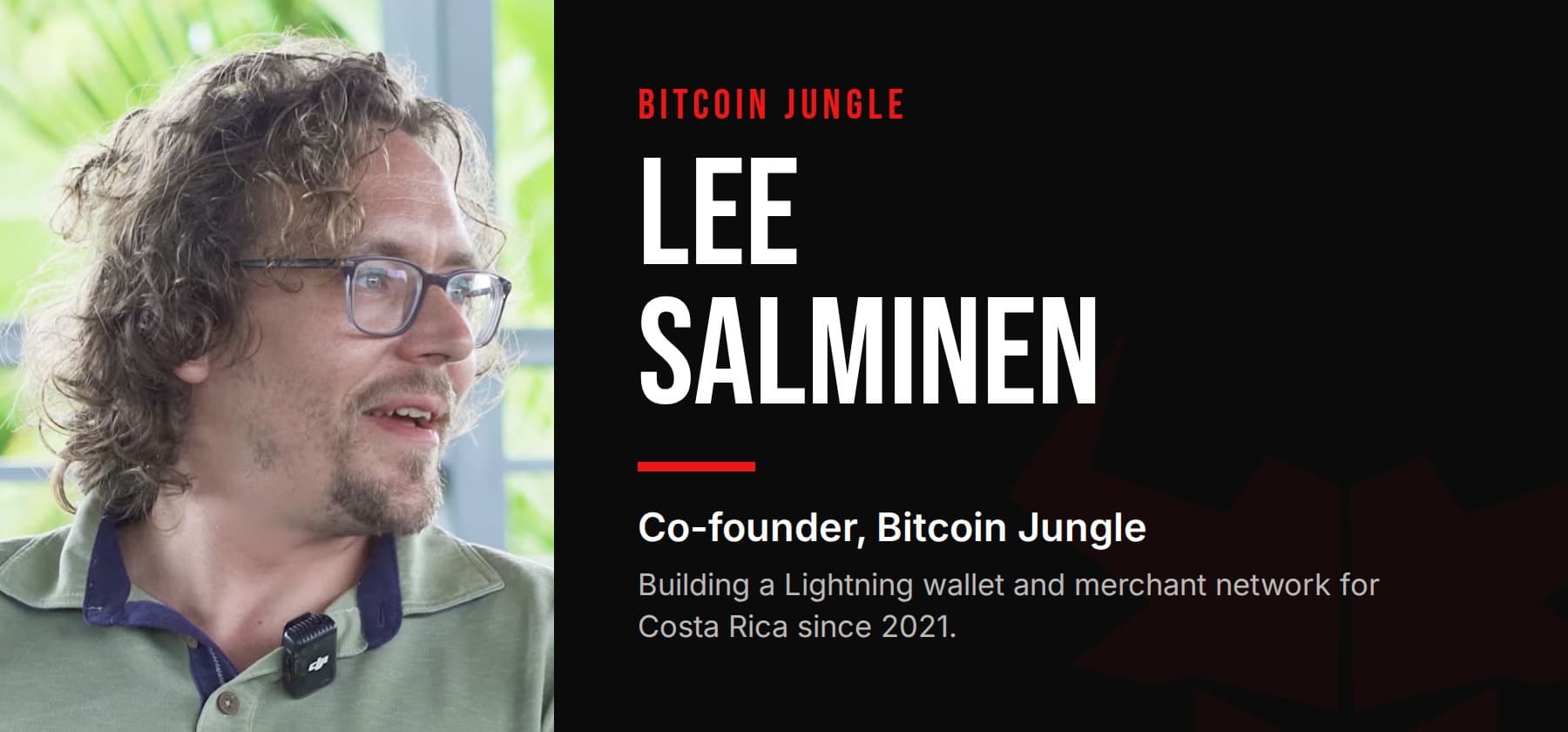 Portrait of Lee Salminen, co-founder of Bitcoin Jungle, next to his name and title