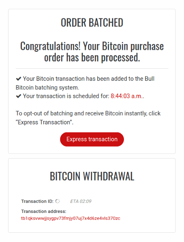 User interface after clicking the “Buy Bitcoin” button