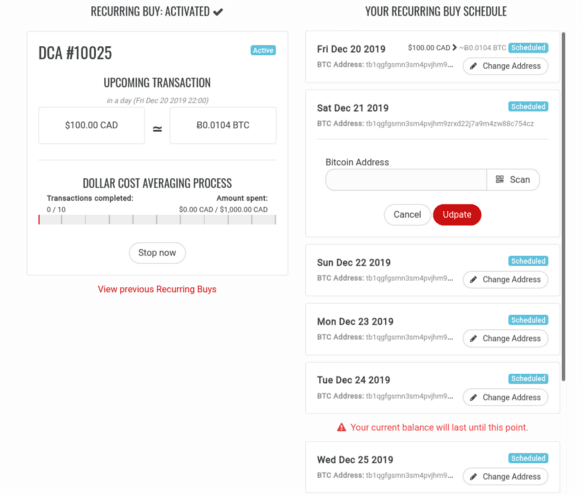 What users see after first activating a Recurring Buy schedule